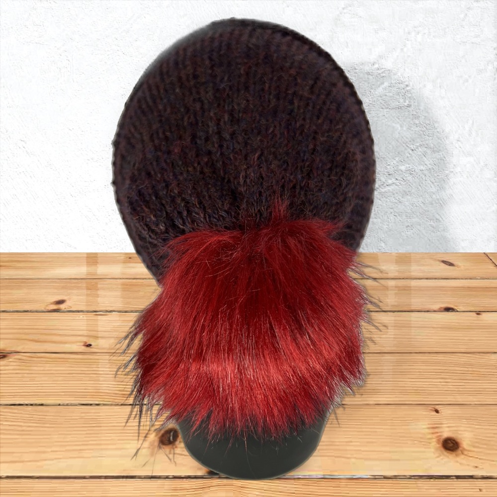 Handmade 100% Alpaca Knit Slouch Hat Beanie Borealis Blue Faux Rabbit Pom Pom - Picture 6 of 11